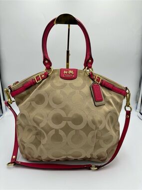 Coach Madison Beige Signature Satchel with Pink Leather Accents